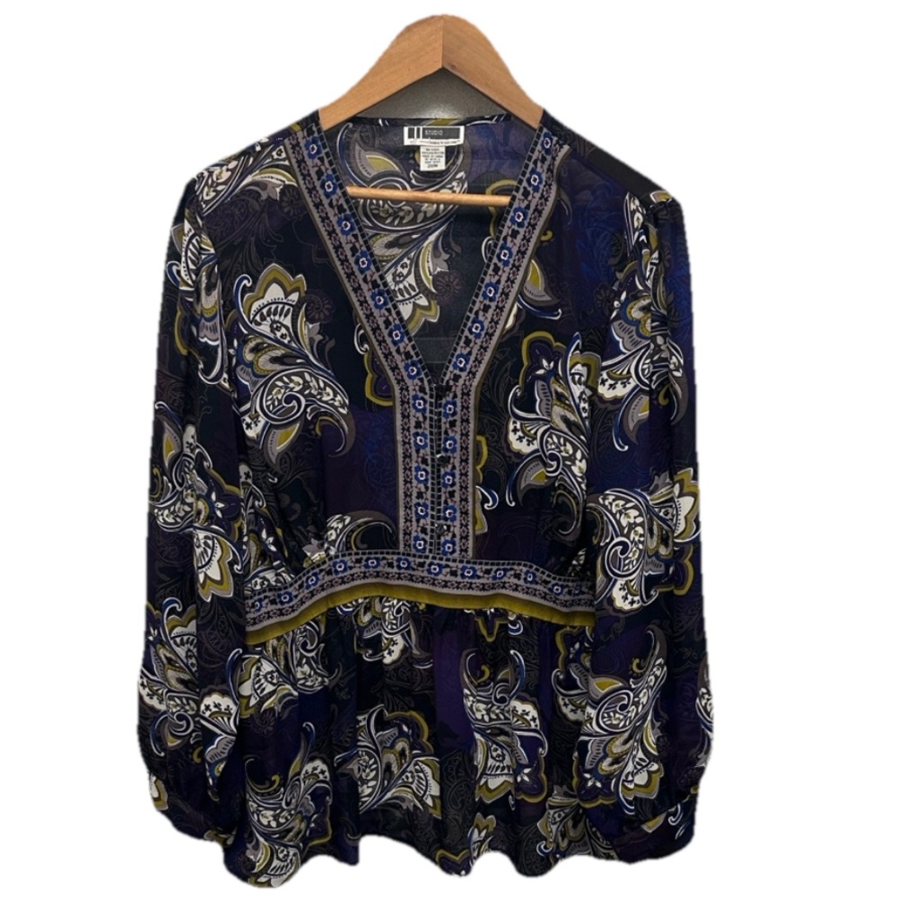 JL Studio Womens Paisley Flowy‎ Retro Blouse Plus Size 20W Hippie Artsy Boho